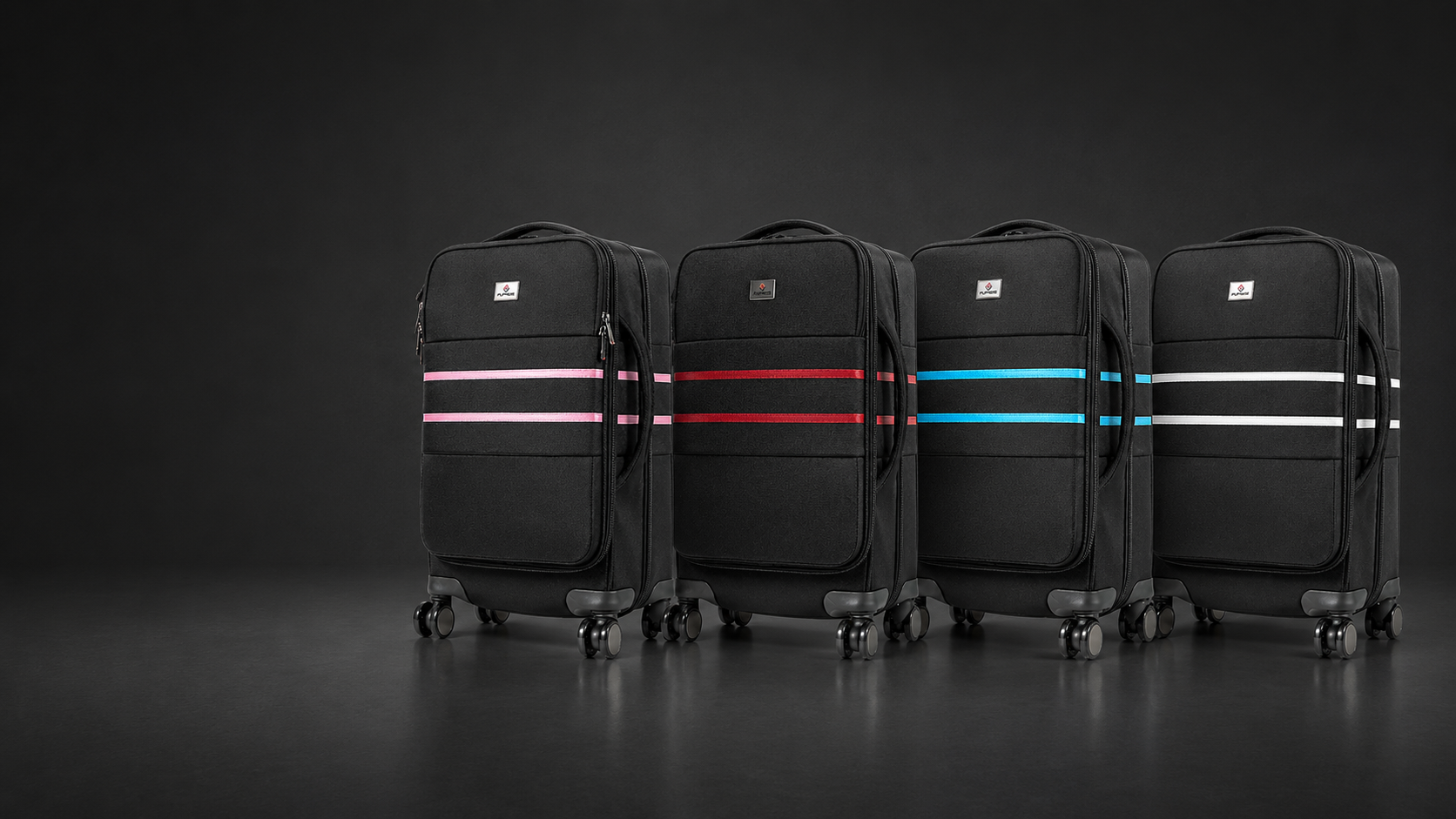 Four black Flipside suitcases with pink, red, blue, and white stripes